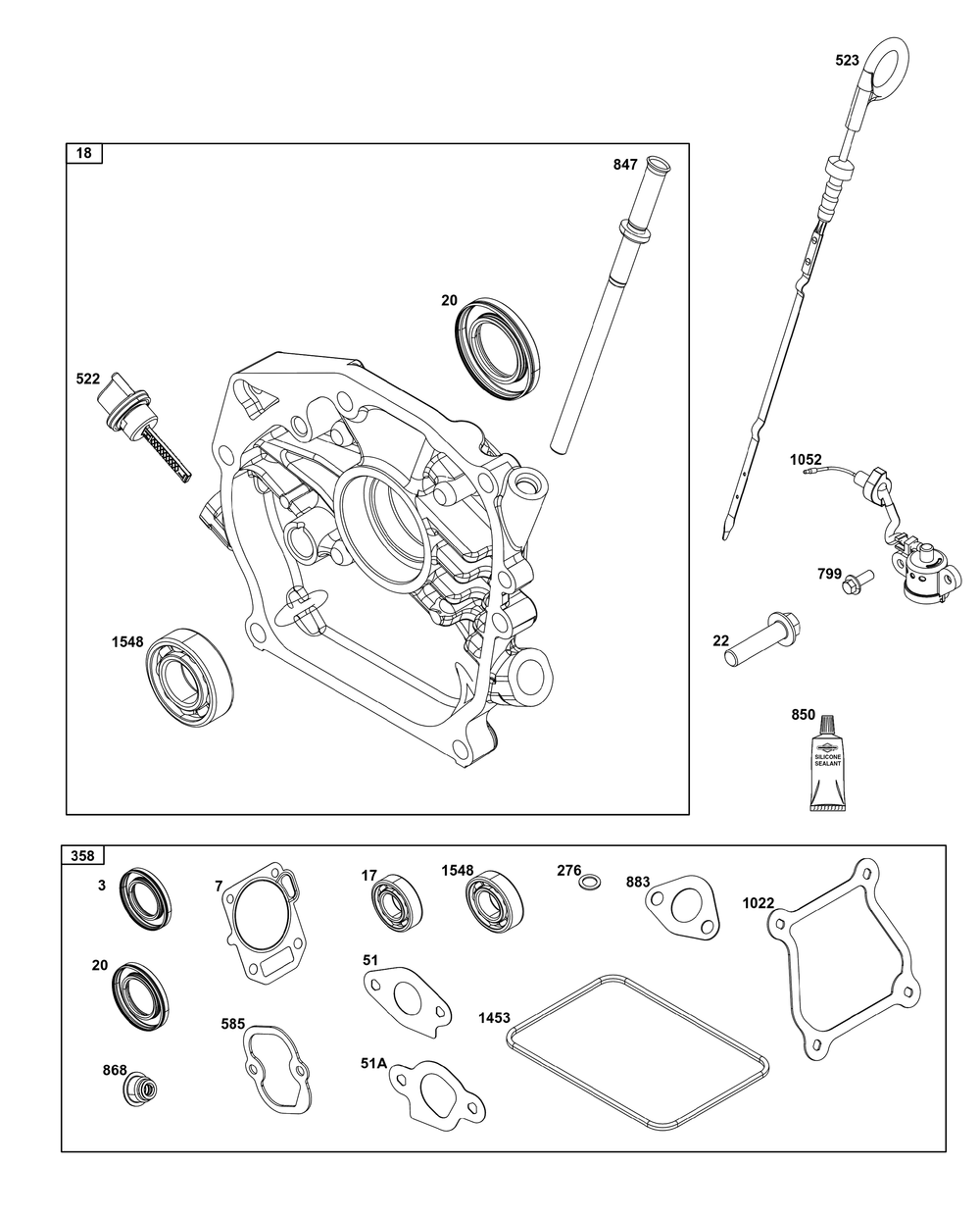 Crankcase Cover/Sump And Lubrication Group Diagram and Parts List for 12V332-0127-F1 100000 - 19Z999 Briggs and Stratton Engine